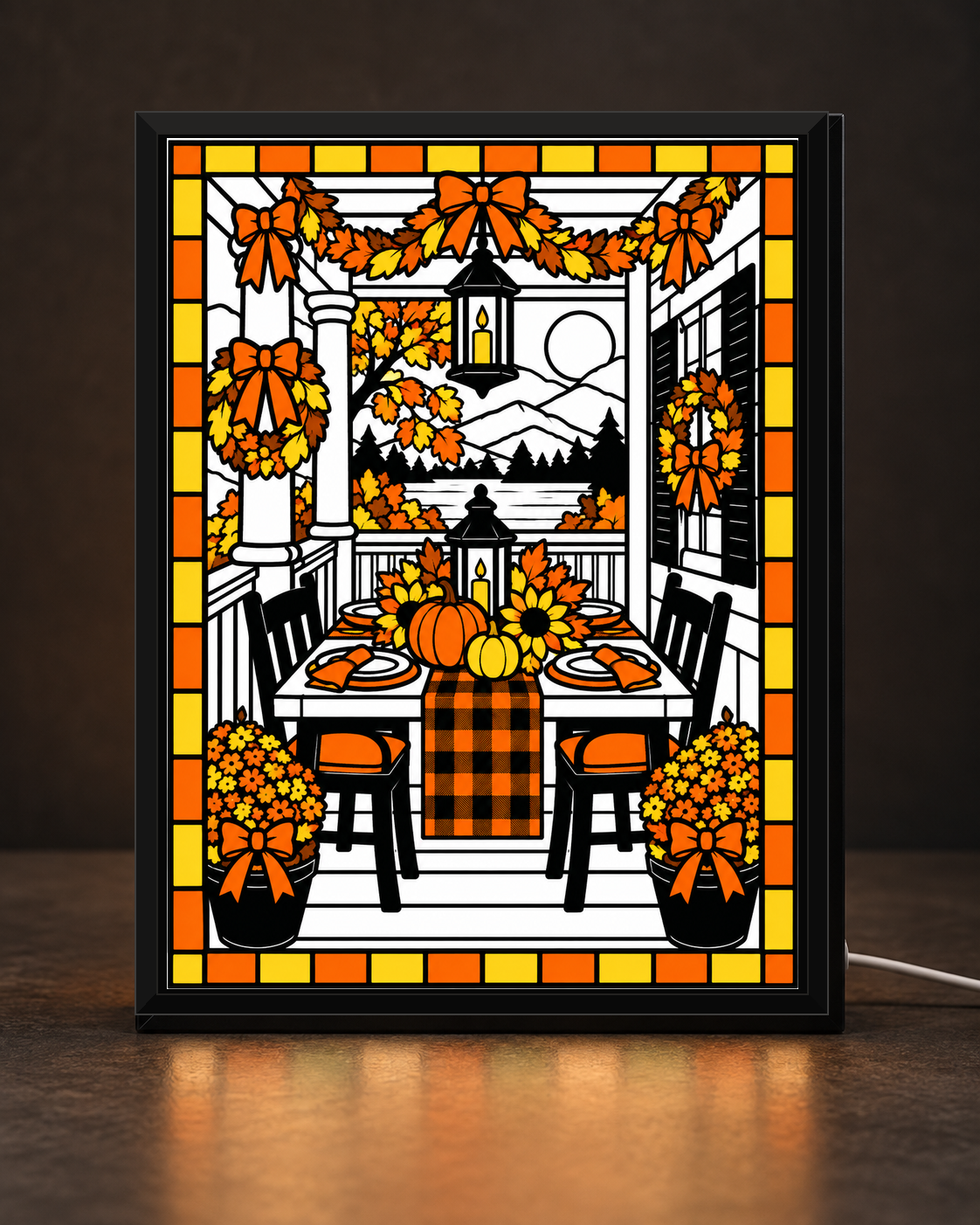 Harvest Porch Table approved original in standard matte-black light-up frame, corrected edge-to-edge fit; illustrative digital preview