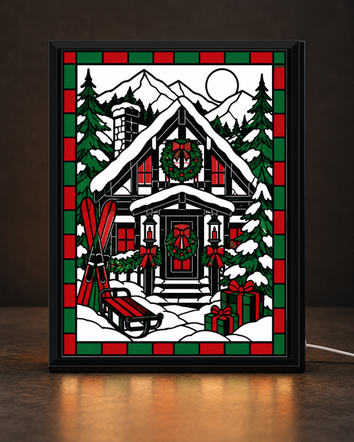 Alpine Ski Chalet approved original in standard matte-black light-up frame, corrected edge-to-edge fit; illustrative digital preview