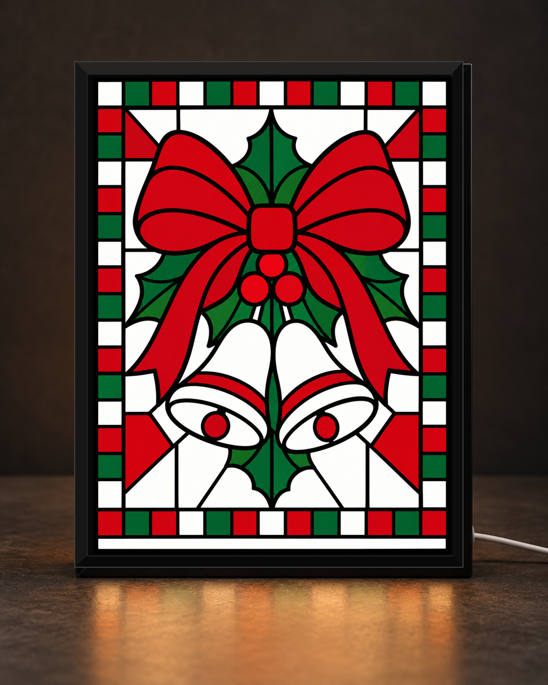 Illustrative CNS Customs Christmas Bow + Holly Bells framed light-up stained-glass-style design on dark countertop, exact owner-approved original art
