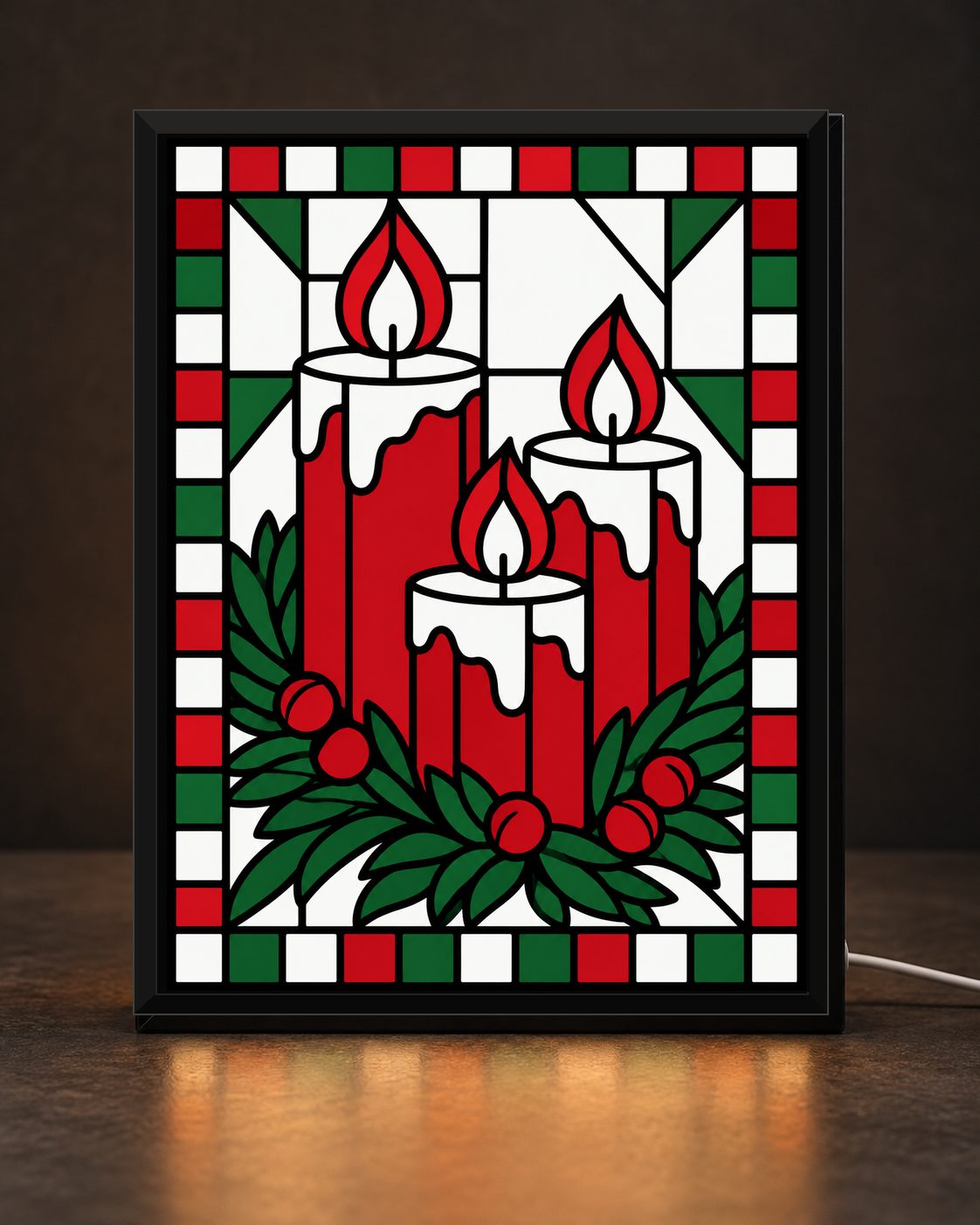 Illustrative CNS Customs Christmas Candle Trio framed light-up stained-glass-style design on dark countertop, exact owner-approved original art