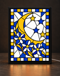 Illustrative CNS Customs Celestial Moon + Flowers framed light-up stained-glass-style design on dark countertop, exact owner-approved original art