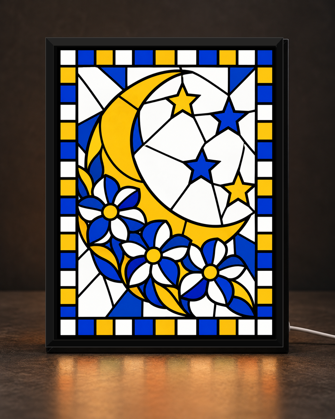 Illustrative CNS Customs Celestial Moon + Flowers framed light-up stained-glass-style design on dark countertop, exact owner-approved original art
