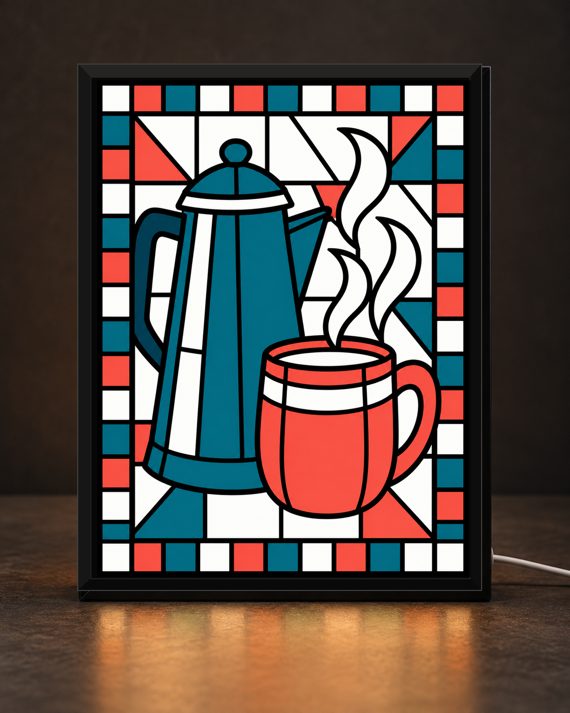 Illustrative CNS Customs Retro Coffee Pot + Mug framed light-up stained-glass-style design on dark countertop, exact owner-approved original art