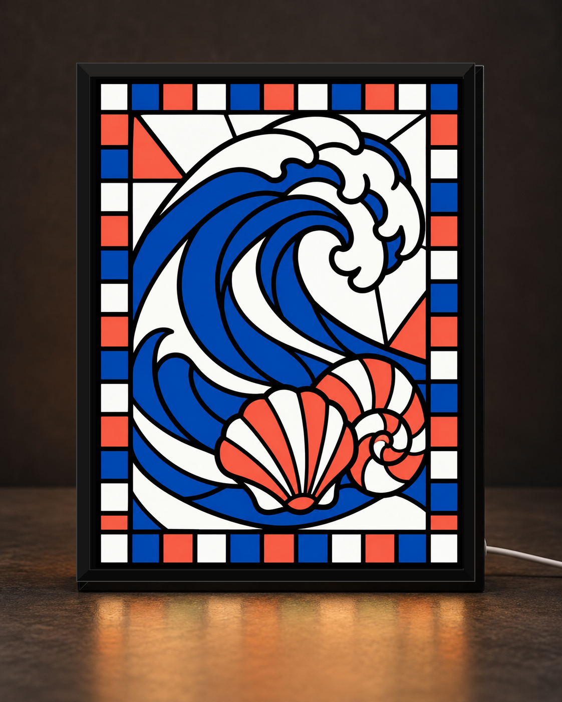 Illustrative CNS Customs Ocean Wave + Shells framed light-up stained-glass-style design on dark countertop, exact owner-approved original art