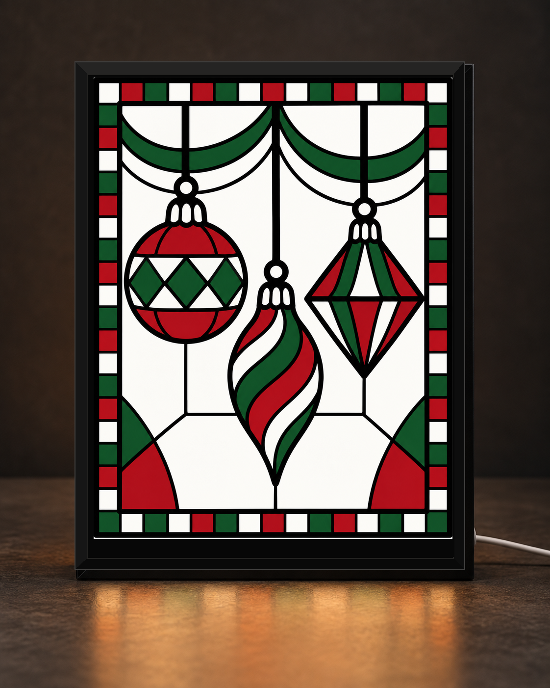 CNS Customs Vintage Ornaments 6×8 light-up frame, illustrative digital mockup with preserved approved stained-glass-style design