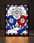 Illustrative CNS Customs Winter Mittens framed light-up stained-glass-style design on dark countertop, exact owner-approved original art