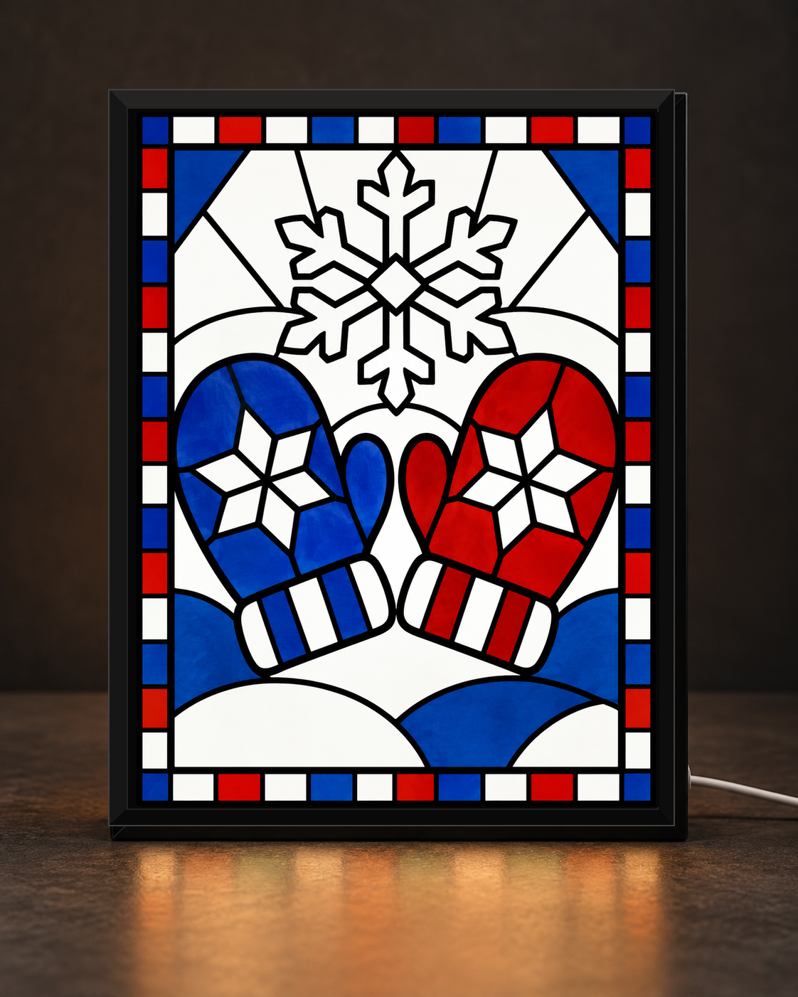 Illustrative CNS Customs Winter Mittens framed light-up stained-glass-style design on dark countertop, exact owner-approved original art