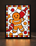 Illustrative CNS Customs Gingerbread Cookie framed light-up stained-glass-style design on dark countertop, exact owner-approved original art