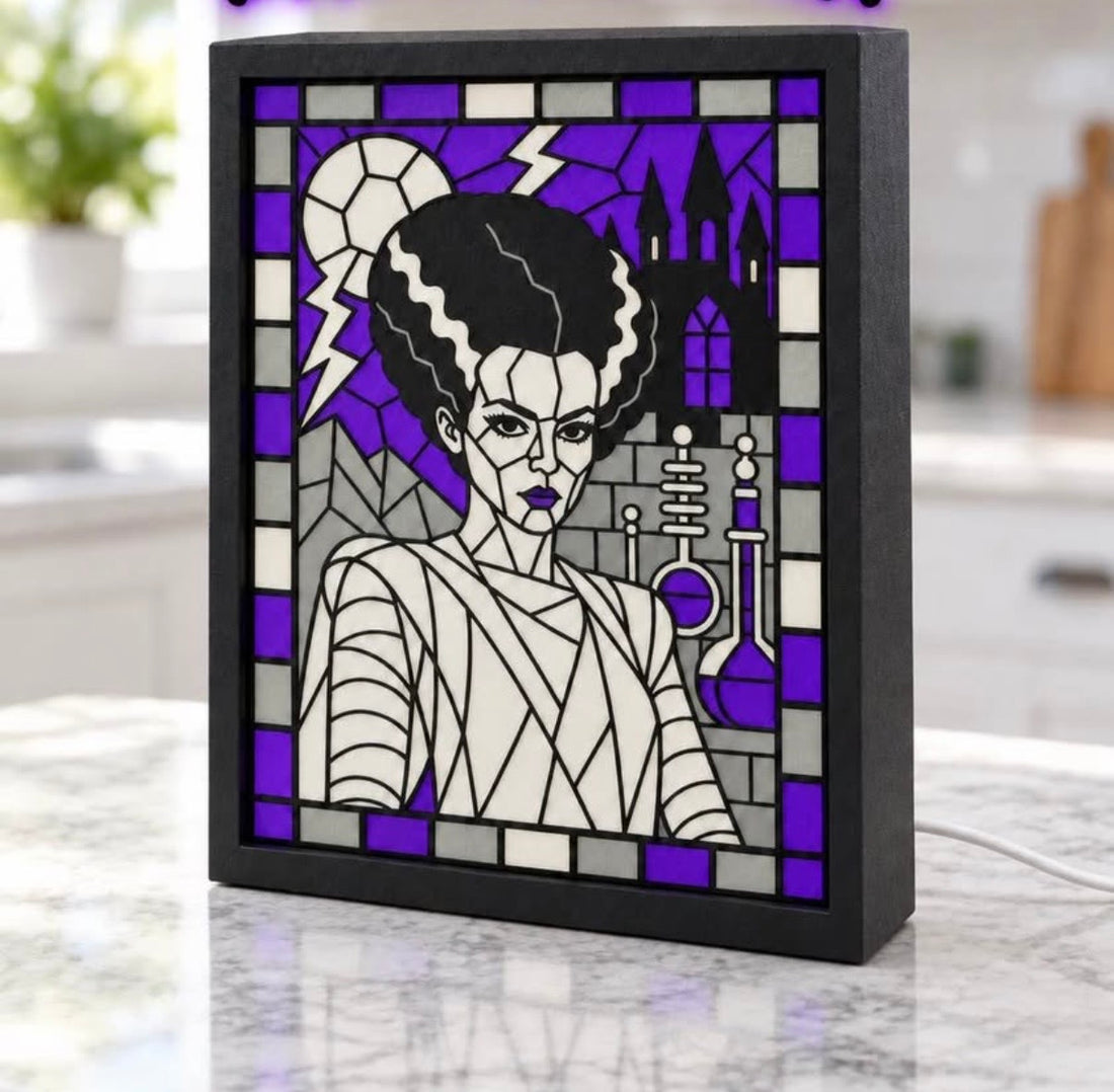 Bride of Frankenstein — Purple & Gray — Light-Up Stained-Glass-Style Frame