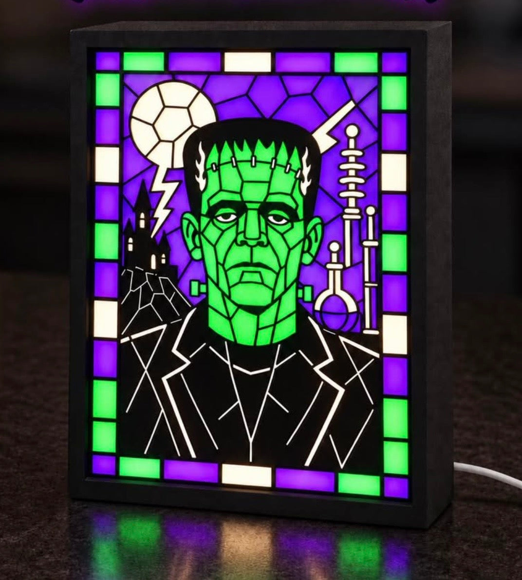 Frankenstein's Monster — Green & Purple — Light-Up Stained-Glass-Style Frame
