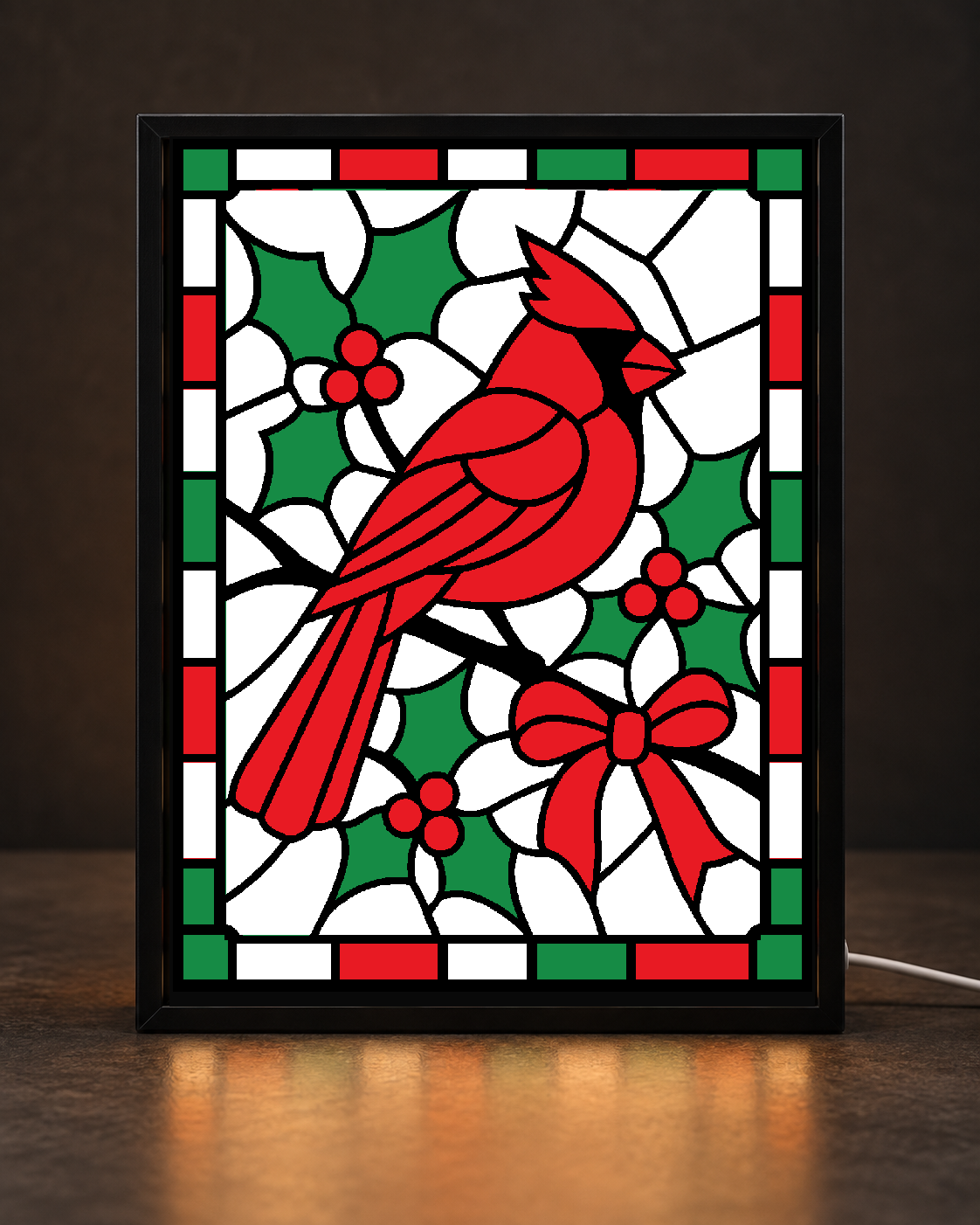 Illustrative CNS Customs Winterberry Cardinal and Bow light-up-frame mockup using exact approved v01 artwork