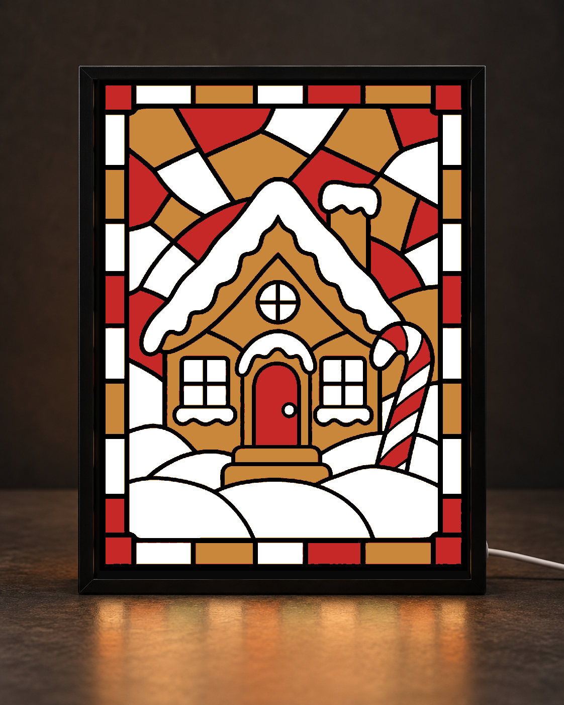 Illustrative CNS Customs Gingerbread Welcome Cottage light-up-frame mockup using exact approved original artwork