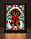 Illustrative CNS Customs Holiday Dachshund with Oversized Bow framed mockup using exact owner-approved v01 artwork; experimental design not yet manufactured