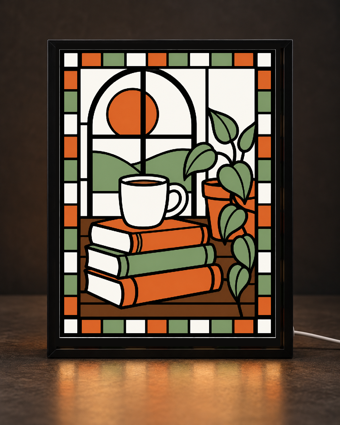 Illustrative CNS Customs Cozy Reading Nook light-up-frame preview with exact owner-approved v02-attempt-02 original artwork; concept only