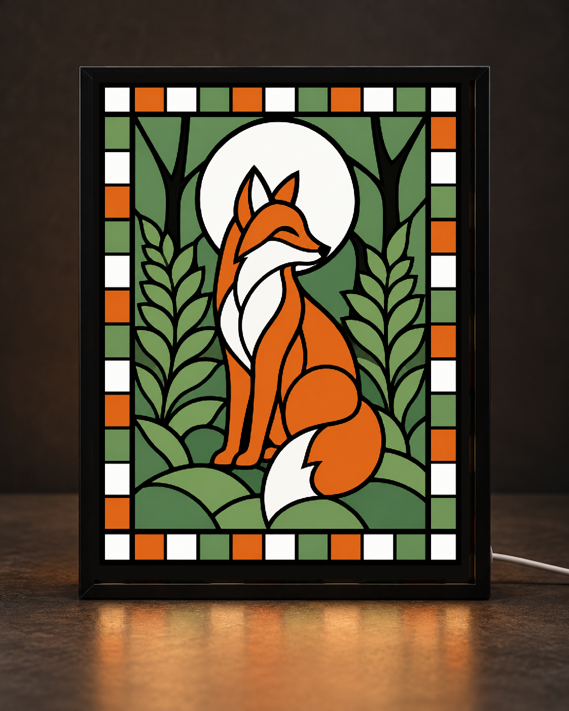 Illustrative CNS Customs Forest Fox & Moon light-up-frame preview with exact owner-approved v02-attempt-02 original artwork; concept only