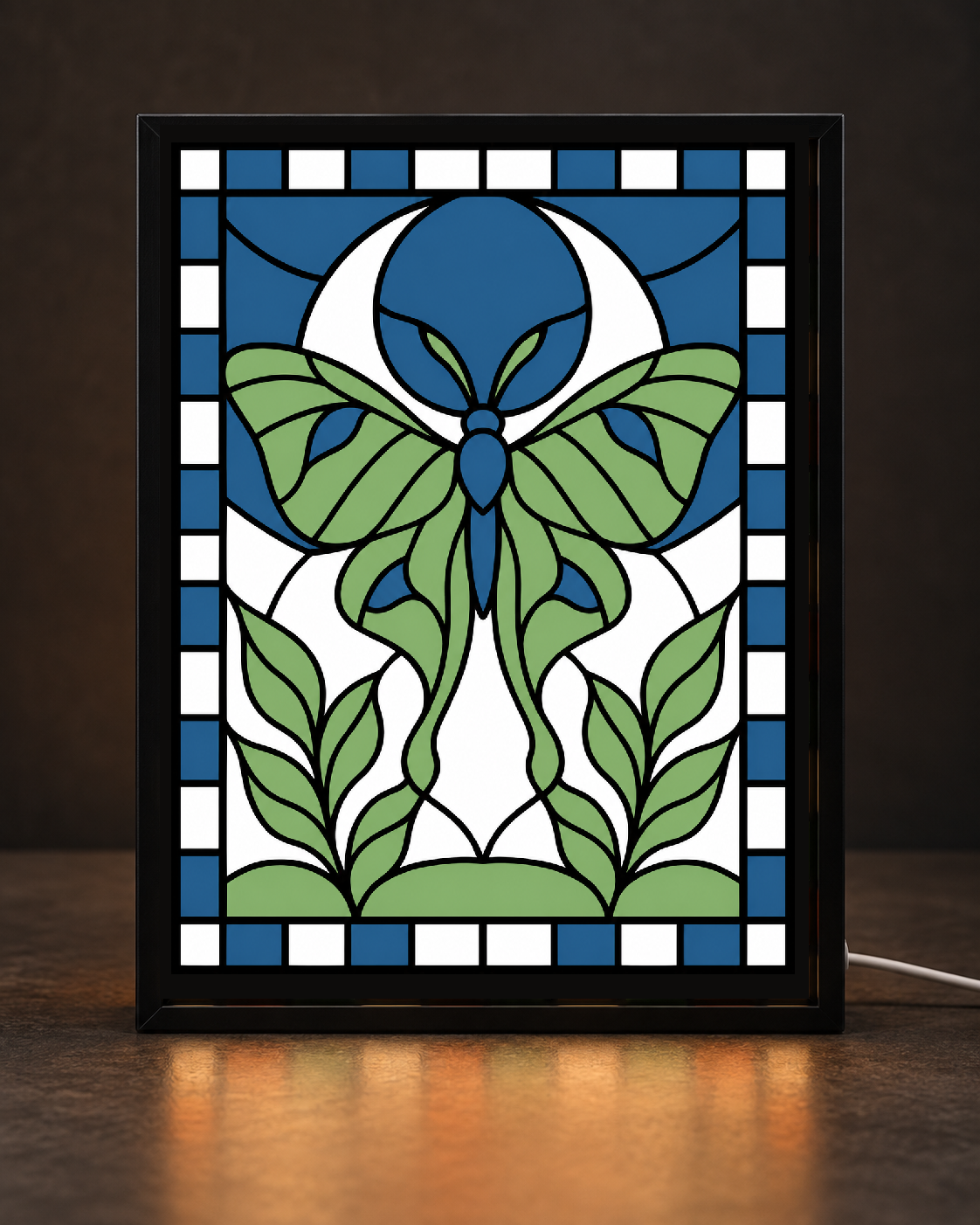 Illustrative CNS Customs Luna Moth & Crescent Moon light-up-frame preview with exact owner-approved v02-attempt-02 original artwork; concept only