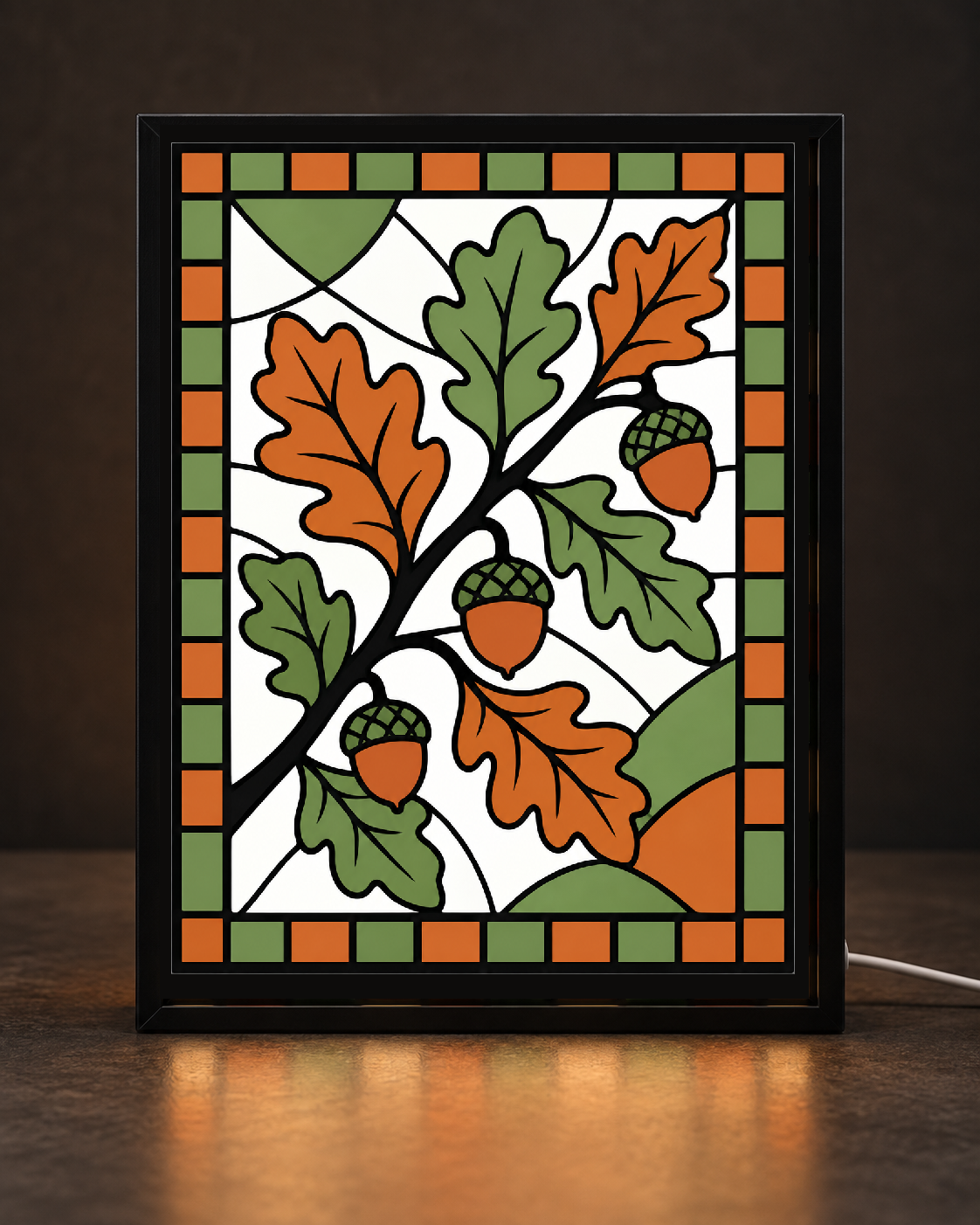 Illustrative CNS Customs Oak Branch & Acorns light-up frame mockup using exact approved V01 artwork, experimental not physically validated