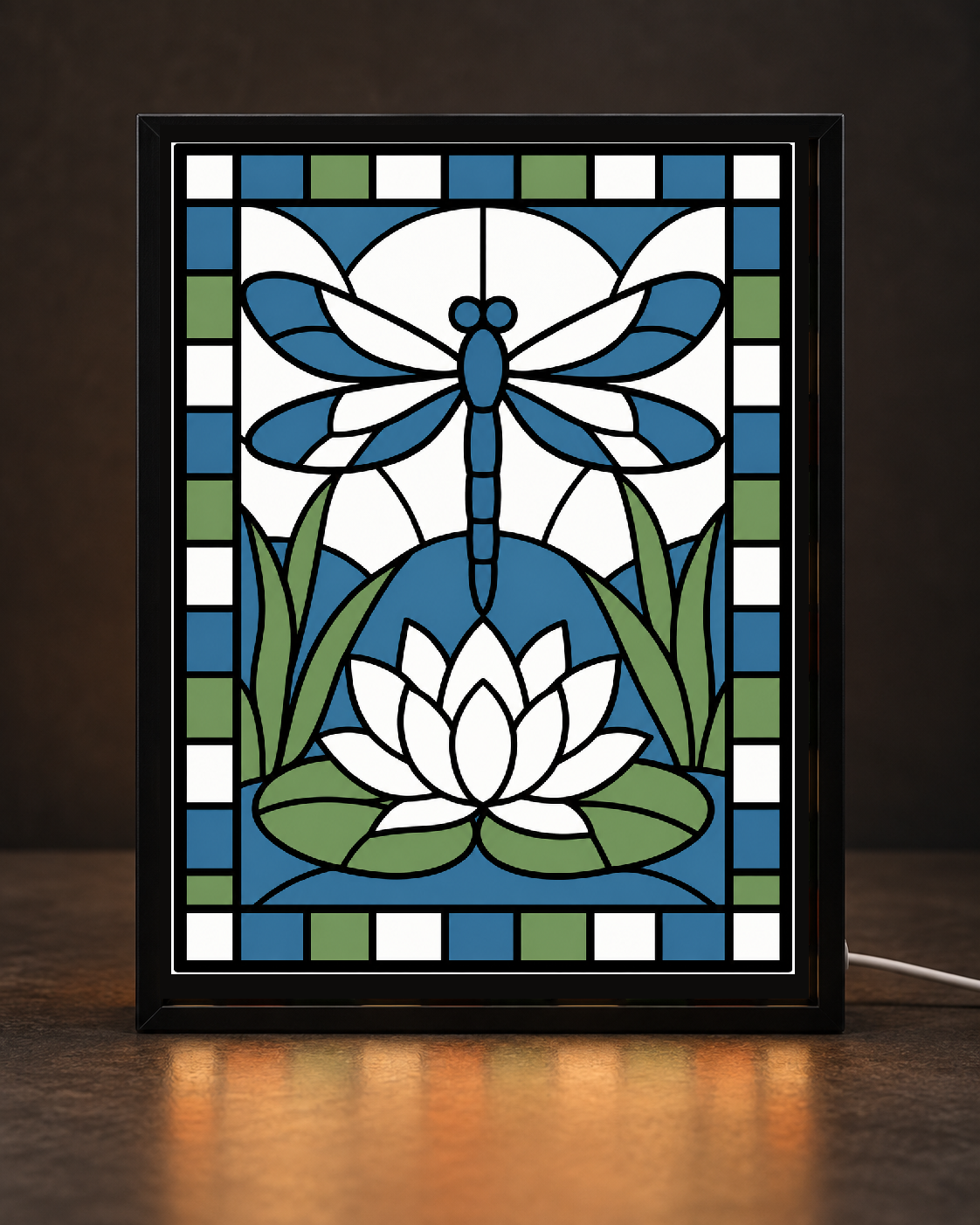 Illustrative CNS Customs Dragonfly & Water Lily light-up frame mockup using exact approved V01 artwork, experimental not physically validated
