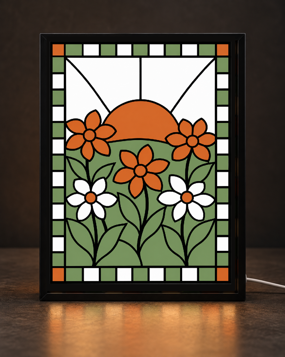 Illustrative CNS Customs Wildflower Meadow & Sunrise light-up frame mockup using exact approved V01 artwork, experimental not physically validated