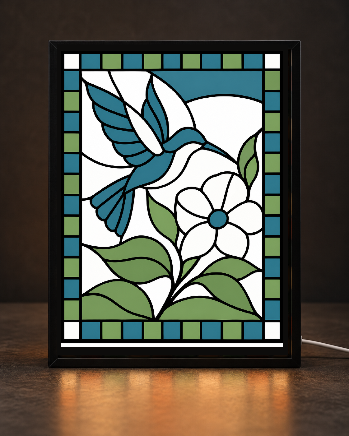 Illustrative CNS Customs Hummingbird & Blossom light-up frame mockup using exact approved V01 artwork, experimental not physically validated