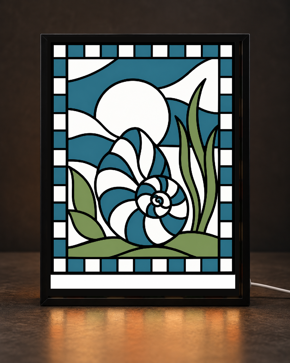 Illustrative CNS Customs Coastal Nautilus light-up frame mockup using exact approved V01 artwork, experimental not physically validated