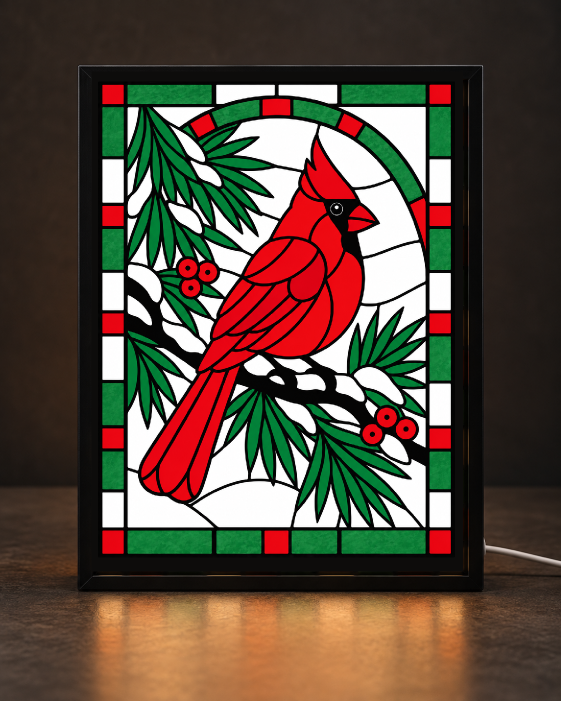 Illustrative CNS Customs Winter Cardinal & Pine light-up frame mockup using exact approved V06 artwork, experimental not physically validated