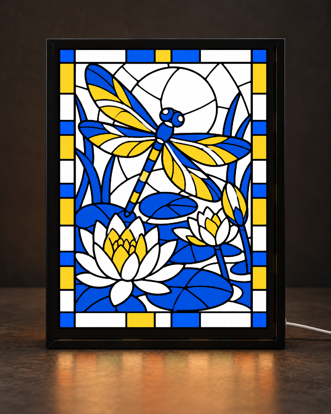 CNS Customs Dragonfly & Water Lilies — Blue & Yellow illustrated frame mockup with exact owner-approved V01 original; experimental not printed