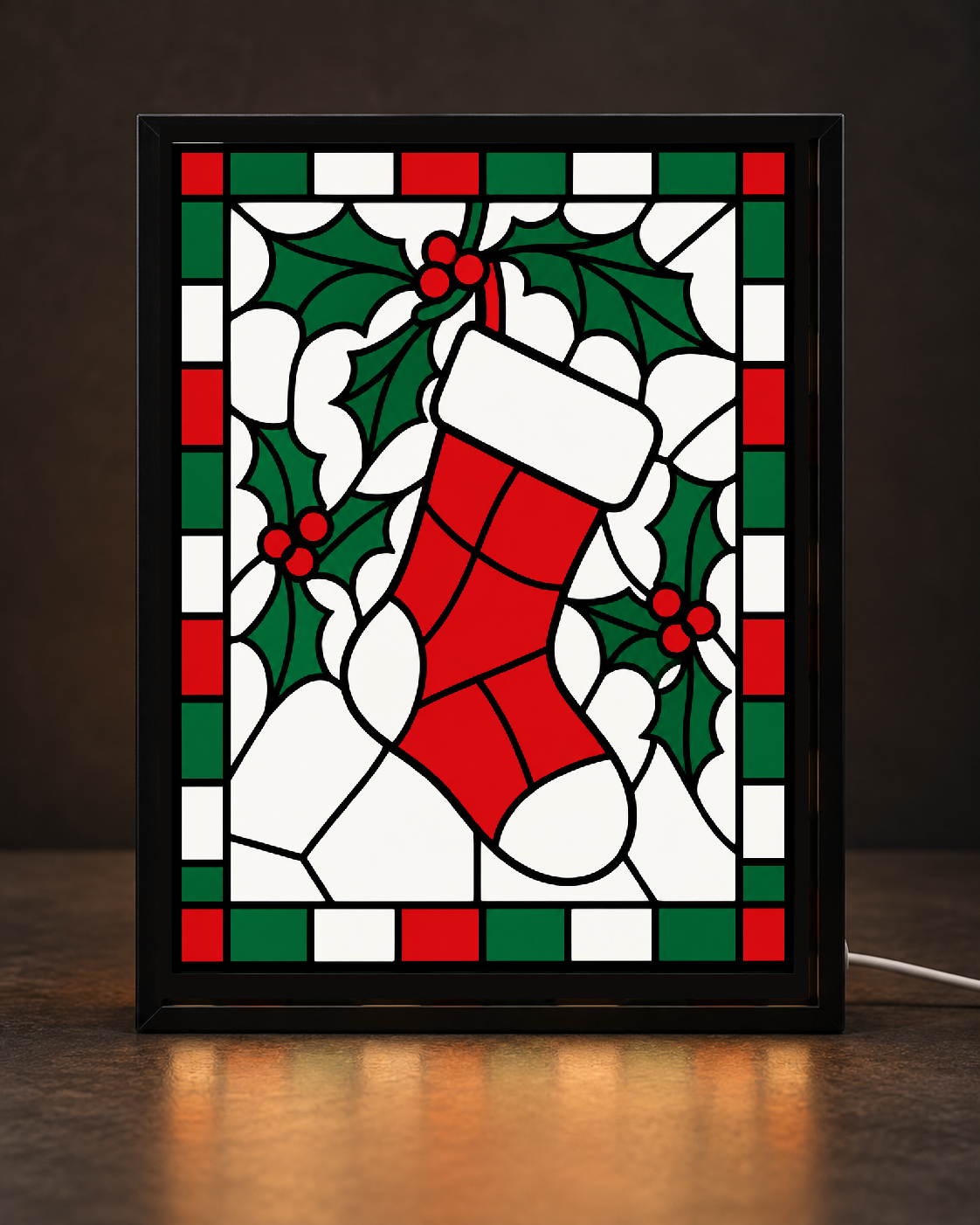 Illustrative Christmas Stocking and Holly light-up frame preview composed from exact owner-approved CNS-SCOUT-2026-09-21-025 v01 original. Not a photo of a finished product; 8×10 version unverified.