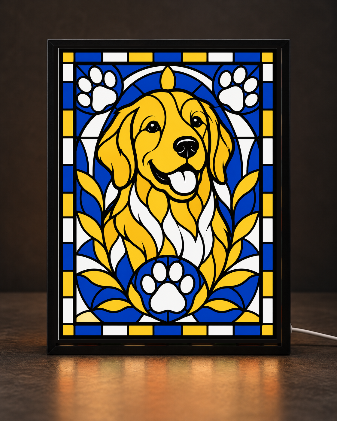 CNS Customs Golden Retriever and Paw Arch light-up-frame illustrative mockup using exact owner-approved CNS-SCOUT-2026-09-21-026 v01 source, not a finished printed product photo