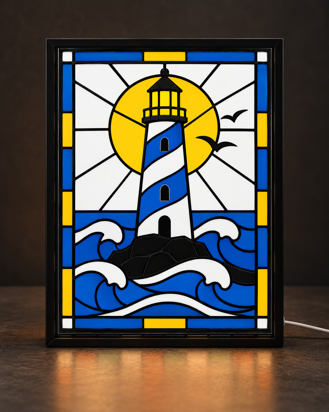 Original CNS Customs Coastal Lighthouse & Waves design in a slim black light-up frame; illustrative digital mockup