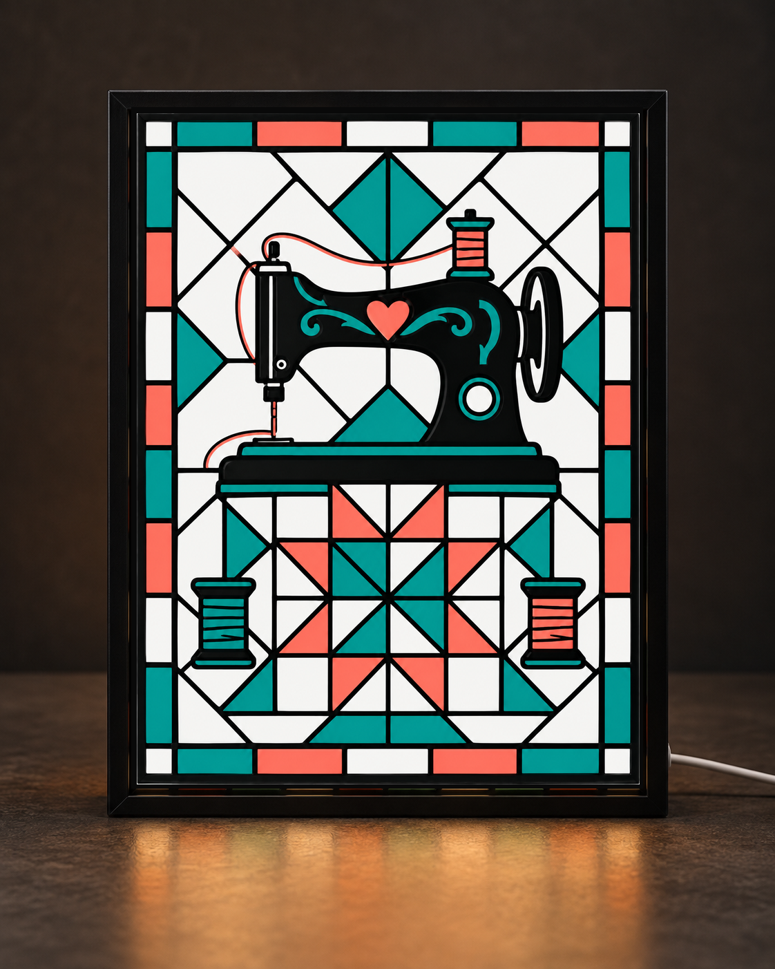 Original CNS Customs Vintage Sewing Machine & Quilt Star design in a slim black light-up frame; illustrative digital mockup