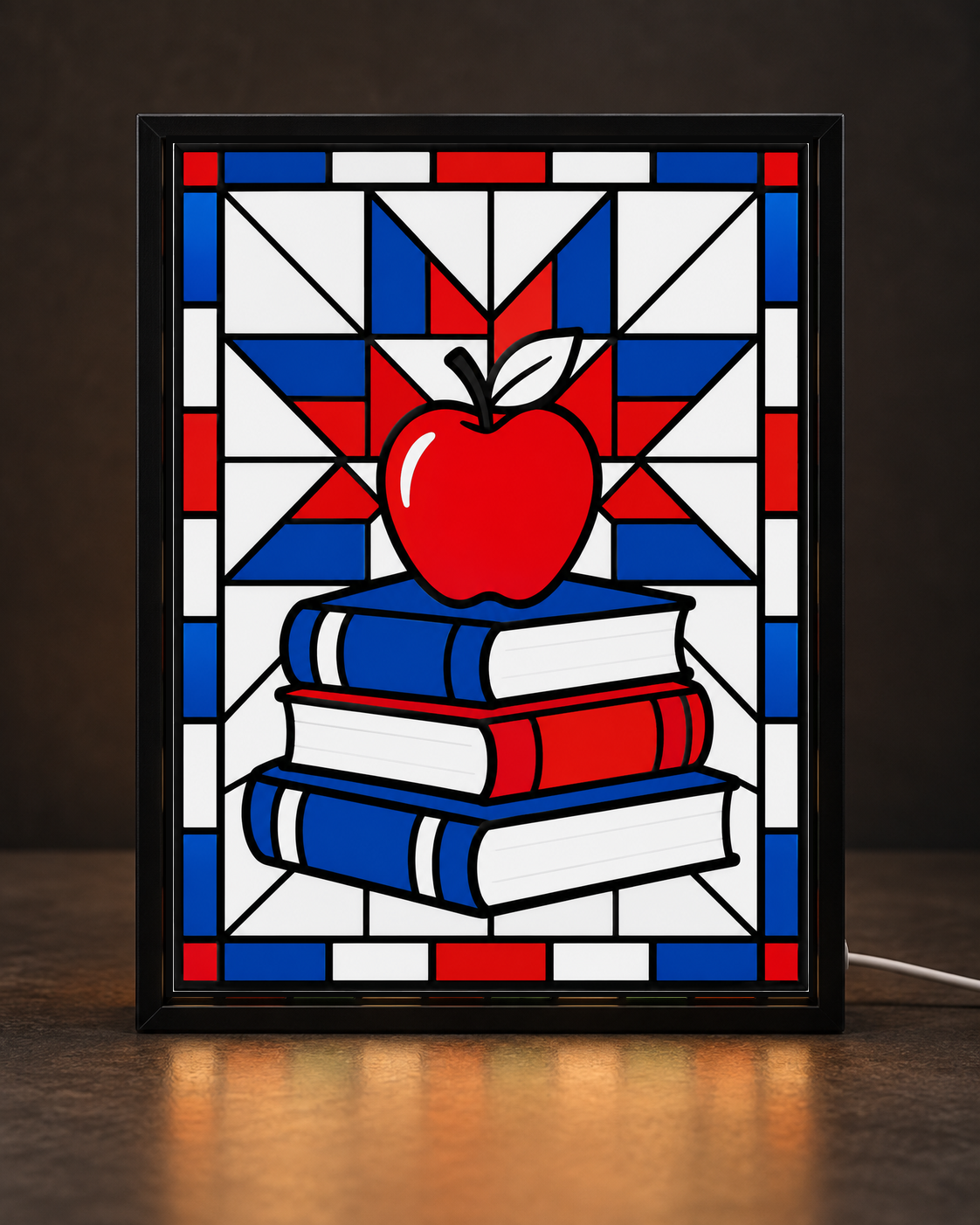 Original CNS Customs Teacher Apple, Books & Quilt Star design in a slim black light-up frame; illustrative digital mockup