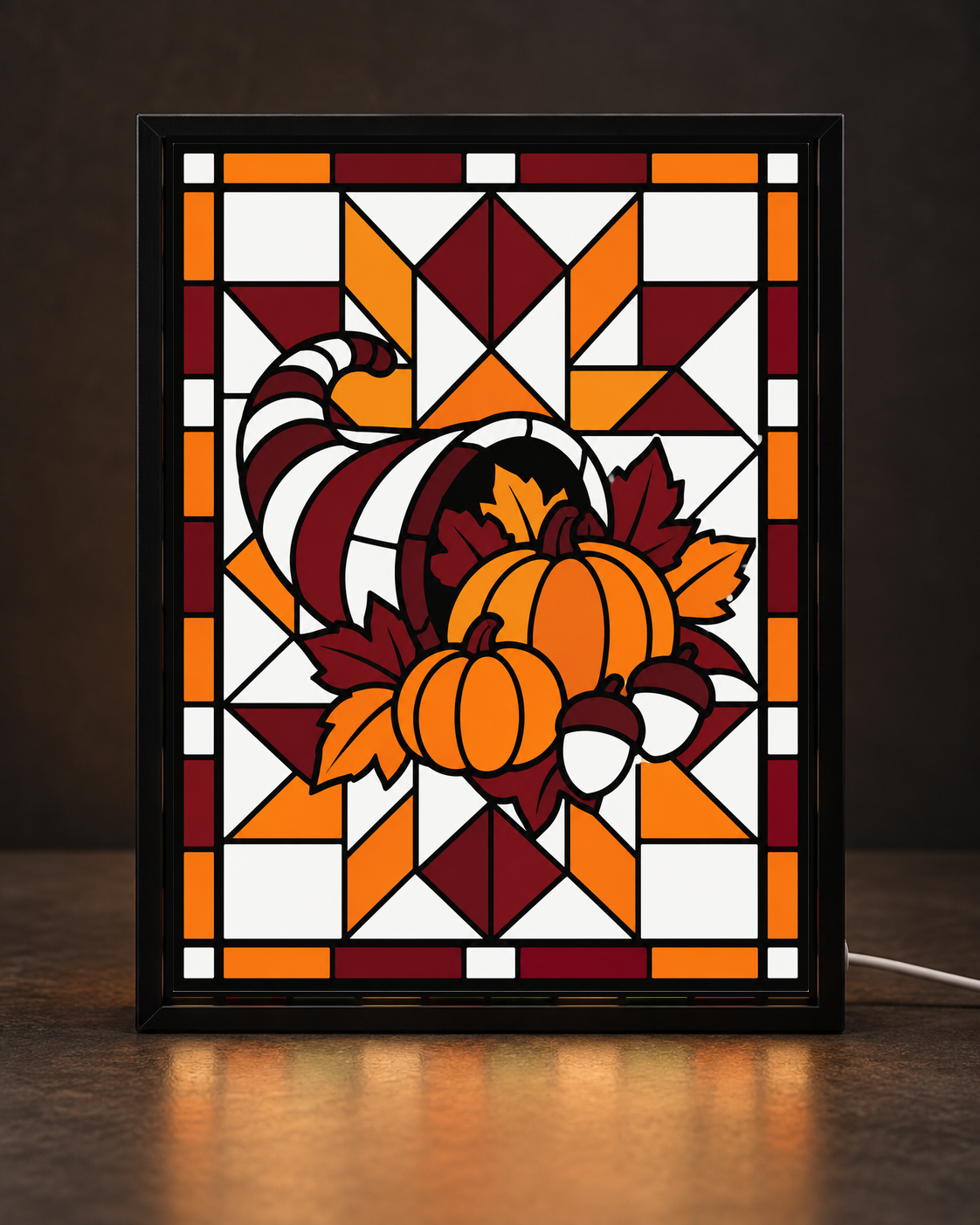 Original CNS Customs Thanksgiving Cornucopia & Quilt Star in a slim black illuminated frame; illustrative digital mockup