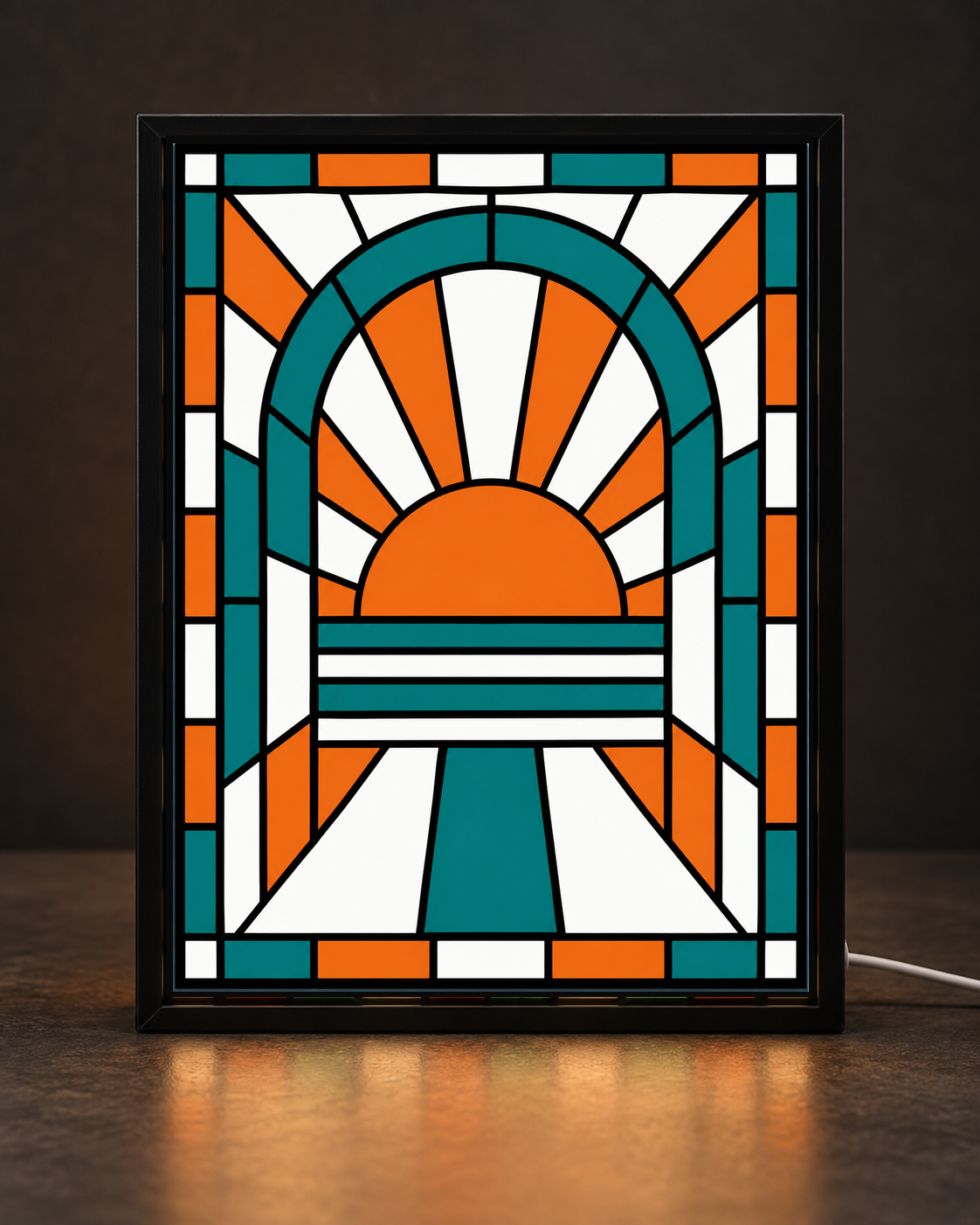 Original CNS Customs Art Deco Sunrise in a slim black illuminated frame; illustrative digital mockup