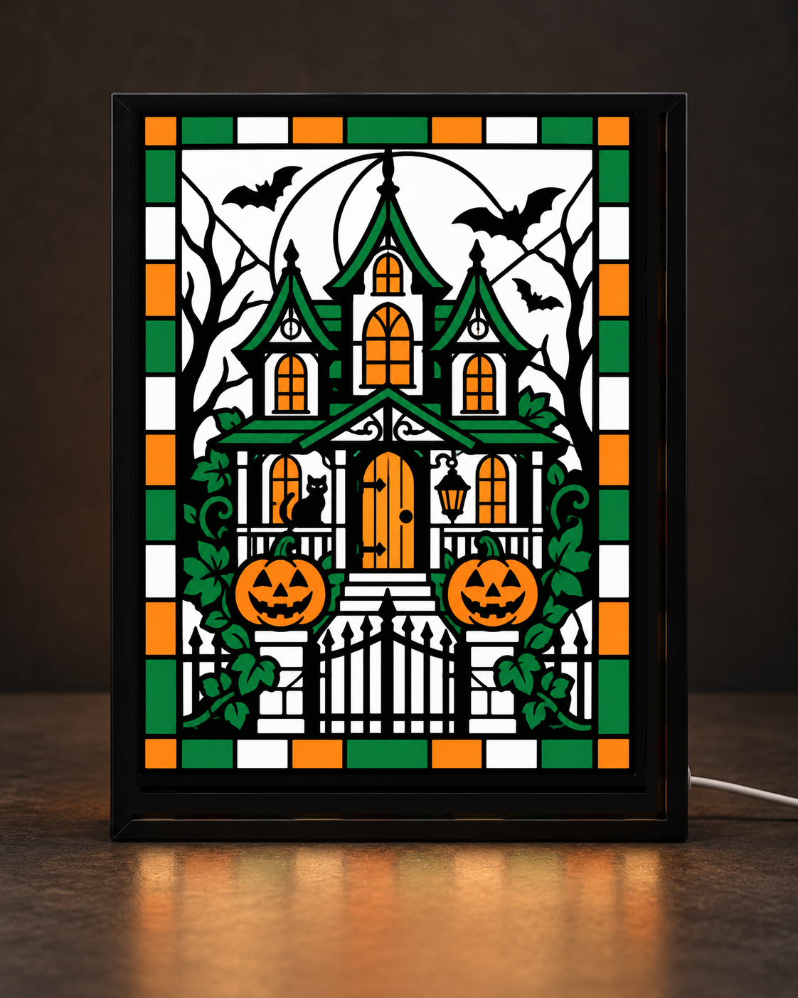 Haunted Victorian Pumpkin Gate by CNS Customs shown in a black light-up frame, framed digital mockup of owner-approved artwork