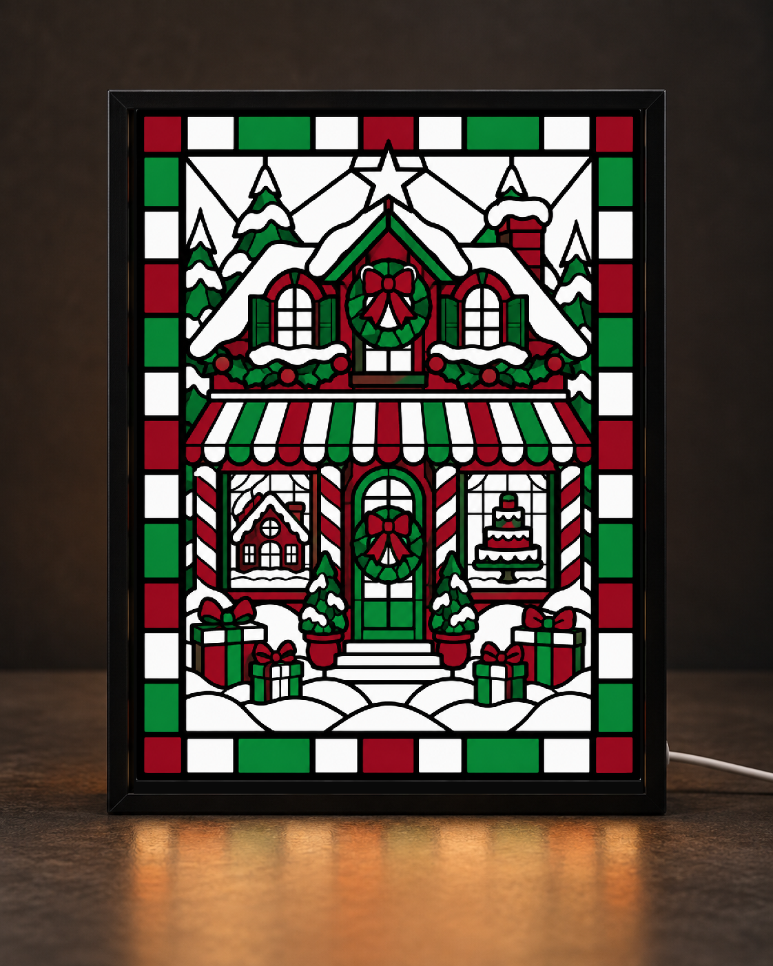 Christmas bakery window with red green and white stained-glass-style tiles in slim black tabletop frame; illustrative digital preview