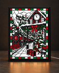 Original CNS Customs Christmas Eve Mountain Station illustration with a festive vintage train, clock-tower station, gifts, snowy evergreens and Christmas garlands in a slim black light-up frame; digital mockup