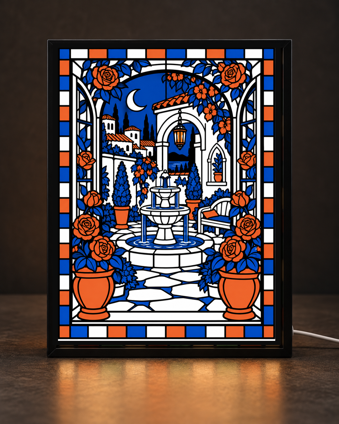 CNS Customs exact approved Moonlit Mediterranean Courtyard design in consistent matte-black light-up frame, correct inset with no white gap; illustrative preview