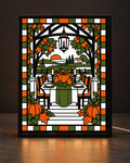 CNS Customs Thanksgiving Orchard Pavilion Supper exact approved illustration of pumpkin centerpiece, fall-leaf arbor and candlelit table with countryside sunset in matte-black frame; digital mockup