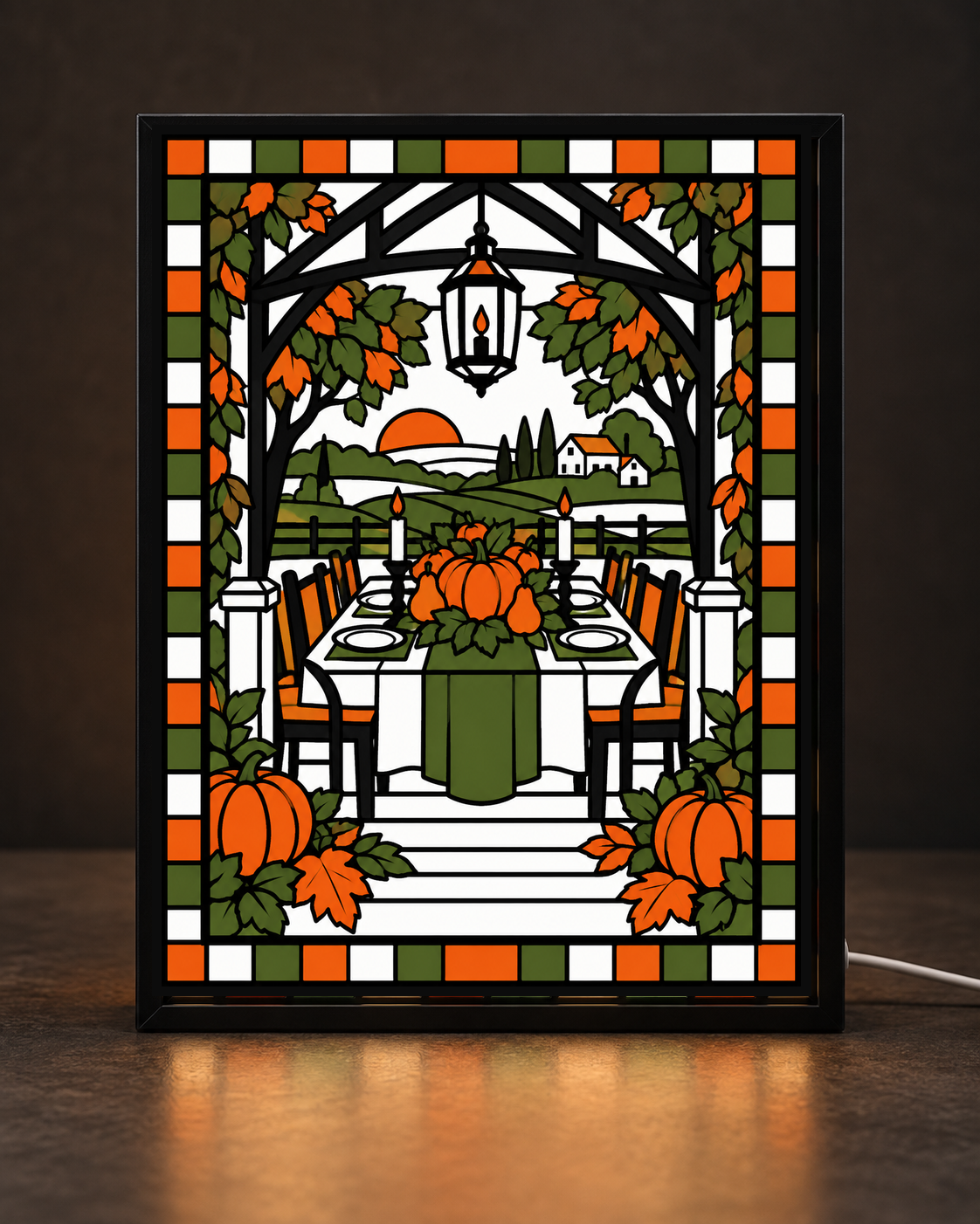 CNS Customs Thanksgiving Orchard Pavilion Supper exact approved illustration of pumpkin centerpiece, fall-leaf arbor and candlelit table with countryside sunset in matte-black frame; digital mockup