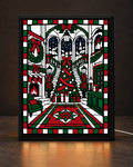 Digitally composited original Christmas Grand Hotel Lobby artwork inside CNS Customs thin black countertop light-up frame, illustrative mockup
