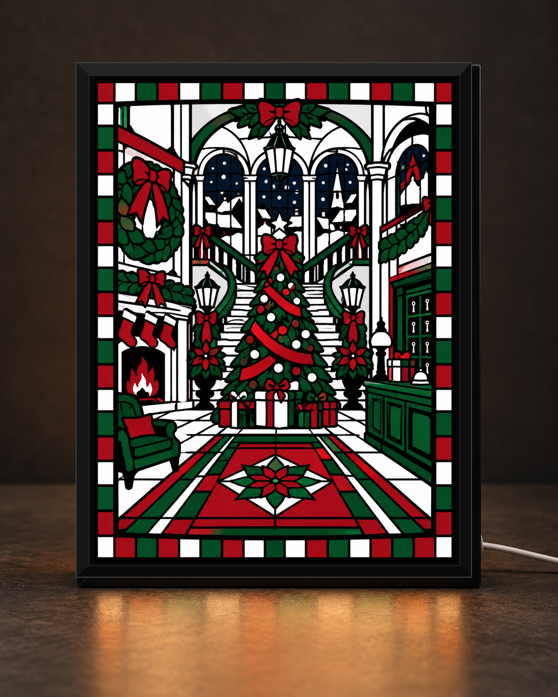 Digitally composited original Christmas Grand Hotel Lobby artwork inside CNS Customs thin black countertop light-up frame, illustrative mockup