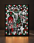 Illustrative digital mockup of Christmas Ornament Maker’s Workshop approved original in the thin CNS black countertop light-up frame, featuring wreaths, red and green baubles, fireplace, Christmas tree, workbench and snowy village
