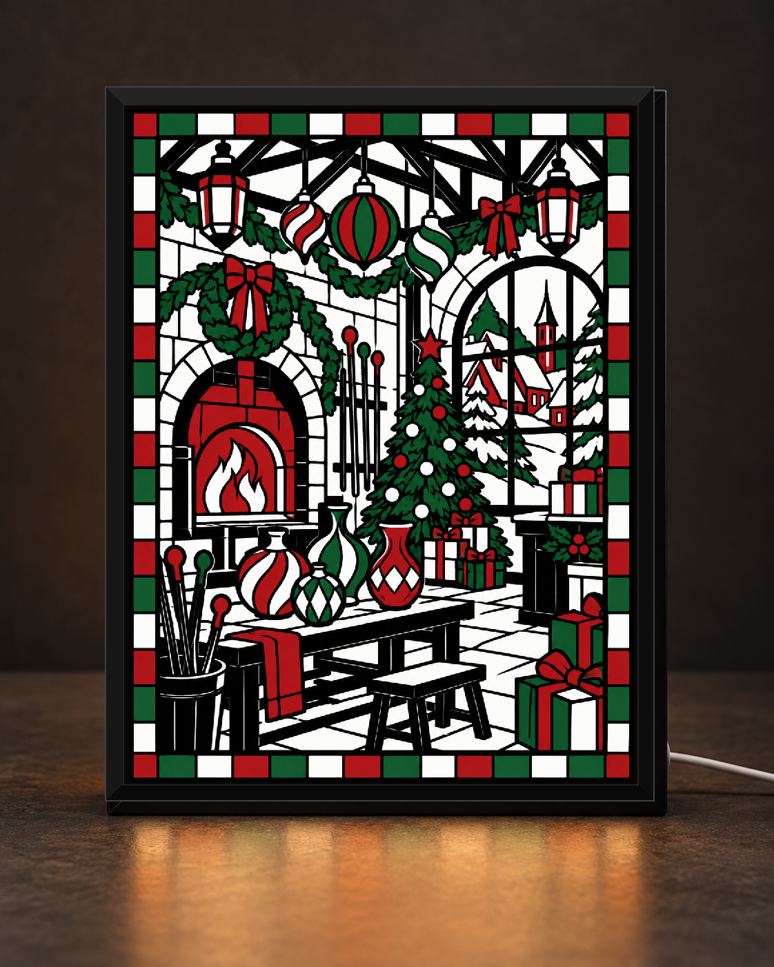 Illustrative digital mockup of Christmas Ornament Maker’s Workshop approved original in the thin CNS black countertop light-up frame, featuring wreaths, red and green baubles, fireplace, Christmas tree, workbench and snowy village