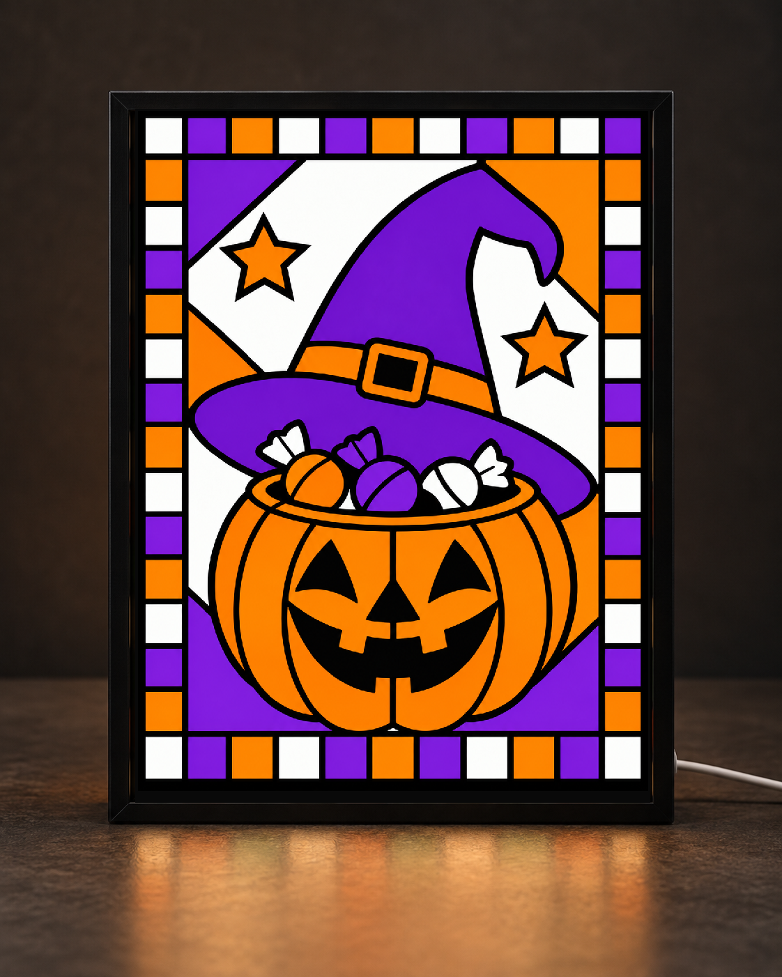 Illustrative digital preview of the exact v04 Witch Hat and Pumpkin Candy Bowl artwork displayed in CNS Customs matte-black tabletop frame.