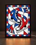 Illustrative framed preview of blue and white vintage ice skates with flowing red white blue scarf in black light-up frame
