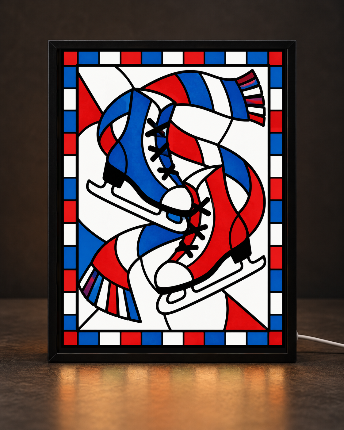 Illustrative framed preview of blue and white vintage ice skates with flowing red white blue scarf in black light-up frame