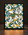 Illustrative framed preview of white carousel horse with teal and golden decorative saddle in matte black frame