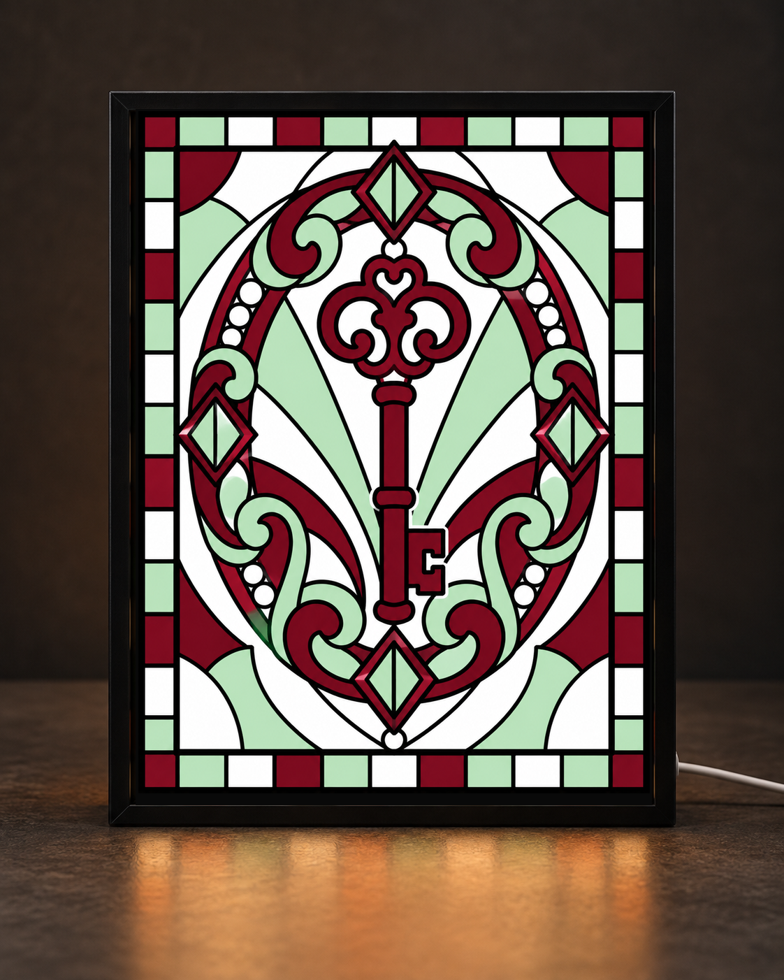 Illustrative framed preview of ornamental burgundy antique key surrounded by mint white filigree in black light-up tabletop frame