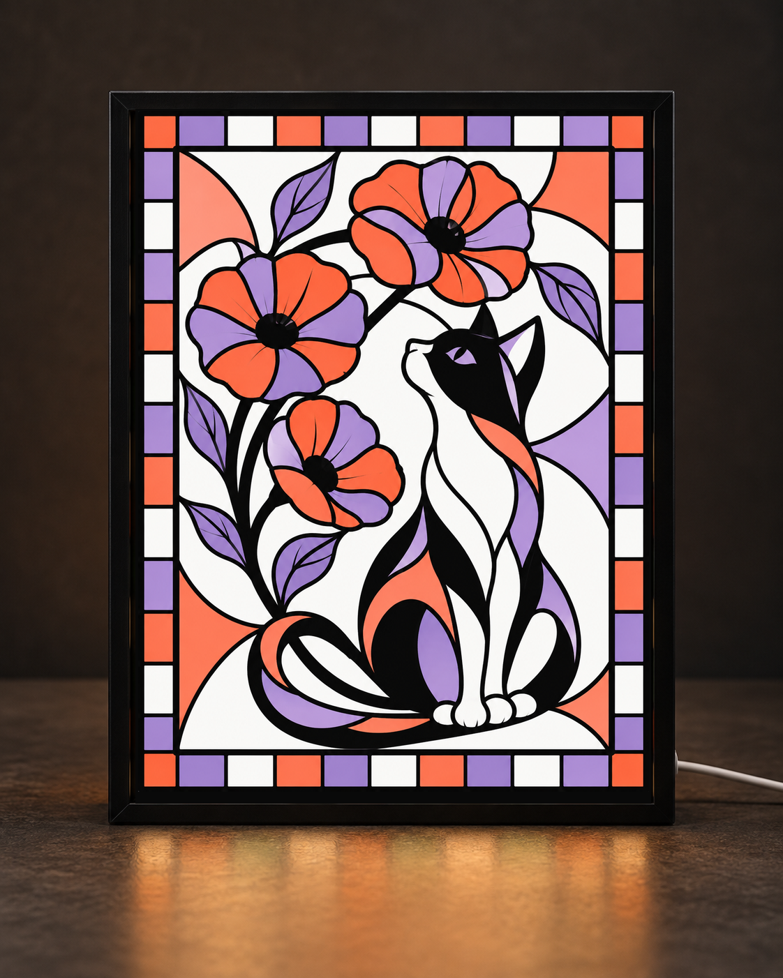Illustrative framed preview of elegant white cat among orange and purple poppies and purple stems in slim black CNS light-up frame
